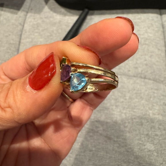 10k Yellow Gold 3 Gemstone Ring Sz7 3.55G Blue Topaz, Peridot Green & Amethyst - Picture 4 of 5